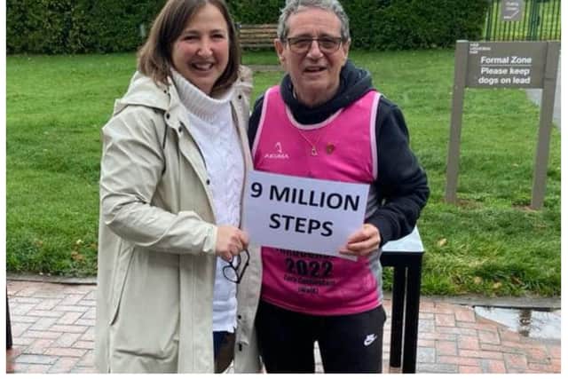 Rachel Ollerenshaw of Molly Ollys with Tony when he hit 9 million steps. Photo supplied