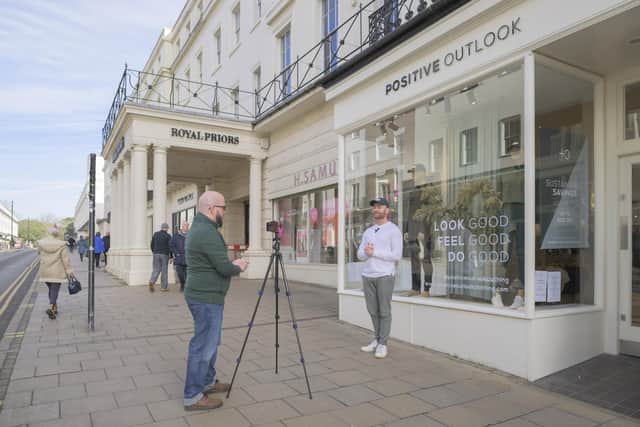 Gary Jones from BID Leamington (left) interviews Harvey Broadbent from Positive Outlook as part of the Love Leam Month campaign.