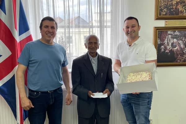 Charles Rogers of Belveder CiC, Ram Prinjha and Dawid Kozlowski of the Leamington Aid for Ukraine campaign.
