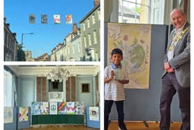 A series of special flags designed by Warwick school children have been hung this week as part of the town’s VE Day celebrations. Left two photos show the flags (photos by Warwick Town Council) and right shows Adhav Navinan from Emscote Infant School who designed the overall winning flag, with the Mayor of Warwick, Cllr David Skinner (photo by Emscote Infant School).