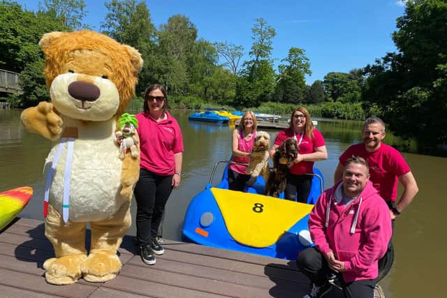 Olly The Brave with Rachel Ollerenshaw, Emma Brayne, Alex Pearson, Adam Brayne and David Fletcher and dogs Archie and Chester. Photo supplied