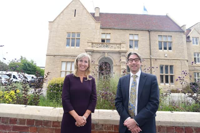 The Kingsley School's Chair of Foundation Governors Sally Austin (left) with Richard Nicholson, Principal of Warwick Schools Foundation, outside The Kingsley School in Leamington. Picture supplied.