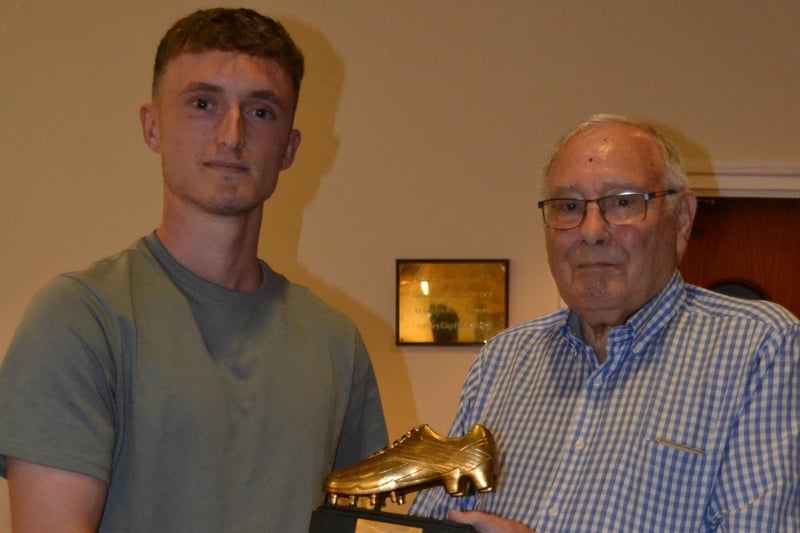David Finch presenting the Guy Reeve Trophy "Golden Boot"  award to Alex Rea from Wellesbourne Wanderers FC who was the League top goal scorer with twenty six League goals last season.  This award is sponsored by Norman Stephens in memory of Guy.