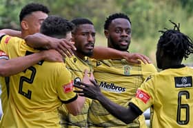 Trey Charles (centre) scored Rugby's first two goals of the season in their 3-0 FA Cup win over Wolverhampton Casuals (Picture: Martin Pulley)
