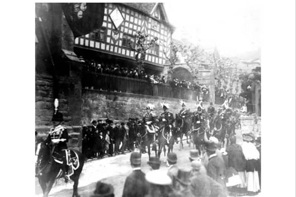 The Prince of Wales and other notables riding past the Leycester Hospital, Warwick in 1900. Photo courtesy of Warwickshire County Record Office.