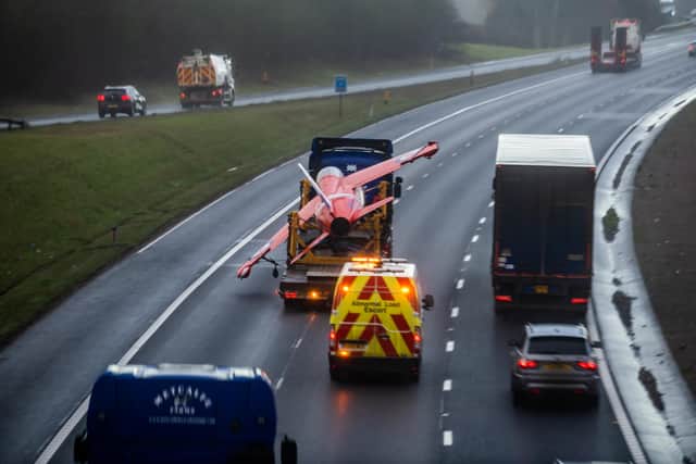 Date: 25th January 2023.
Picture James Hardisty.
A very unusual sight capture travelling North bound on the A1(M) near Bramham, not one but two RAF Red Arrows Hawk jets being transported along the motorway.