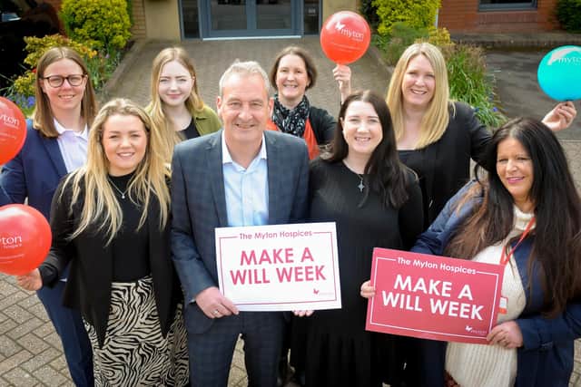 Make a Will Week – team members from Blythe Liggins with (front row far left) Meganne Gill-Swift, events and campaigns fundraiser, and (front row far right) Rachael Collins, individual giving and engagement assistant, both from The Myton Hospices.