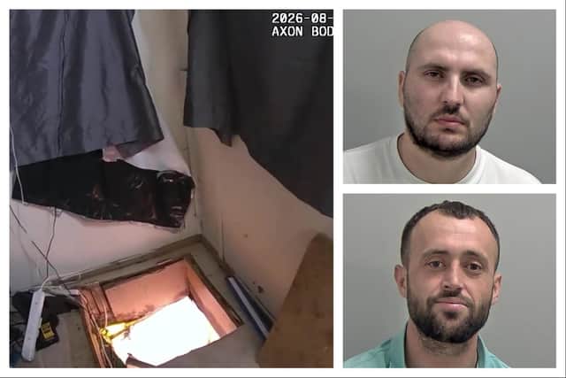 Gjergivatal Pjeter (top right) and Eldoh Sylaj (bottom right) have been jailed after police uncovered a £500,000 cannabis farm hidden in underground bunkers near Rugby.