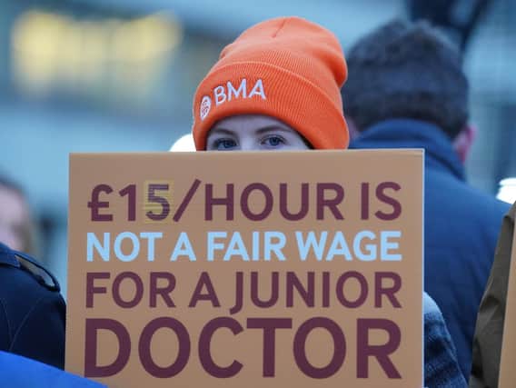 File photo dated 03/01/24 of Junior doctors and members of the British Medical Association (BMA) outside St Thomas' Hospital, London, as they take to picket lines for six days during their continuing dispute over pay. More than 113,000 hospital appointments and procedures in England were affected by the latest strike by junior doctors, figures show. Issue date: Wednesday January 10, 2024.