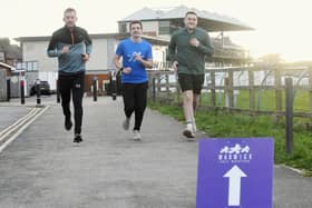 The Wigley Group Warwick Half Marathon will be taking place this weekend. Left to right: The Wigley Group’s Jonathan Wigley, Rob Sullivan from race organisers Run Through,
and The Wigley Group's Bradley Hopkins at Warwick Racecourse. Photo supplied