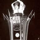 Clock Tower bathed in lights and topped with a giant crown to mark the coronation of Queen Elizabeth II. Picture: Rugby Art Gallery & Museum.