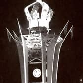 Clock Tower bathed in lights and topped with a giant crown to mark the coronation of Queen Elizabeth II. Picture: Rugby Art Gallery & Museum.