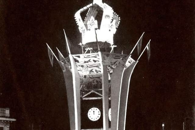 Clock Tower bathed in lights and topped with a giant crown to mark the coronation of Queen Elizabeth II. Picture: Rugby Art Gallery & Museum.