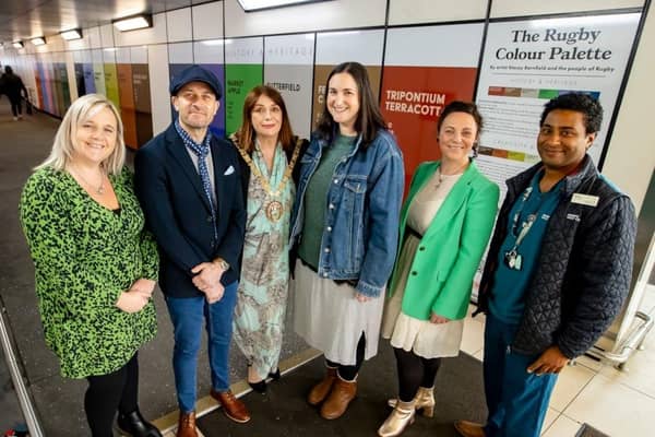 Sarah Sheldon (Avanti West Coast Station Manager at Rugby), Stacey Barnfield, Cllr Maggie O'Rourke (Mayor of Rugby), Julia Singleton-Tasker (Heart of England CRP), Sarah Annis (Ruby Red) and Marlon Golding (Team Leader at Rugby Station)