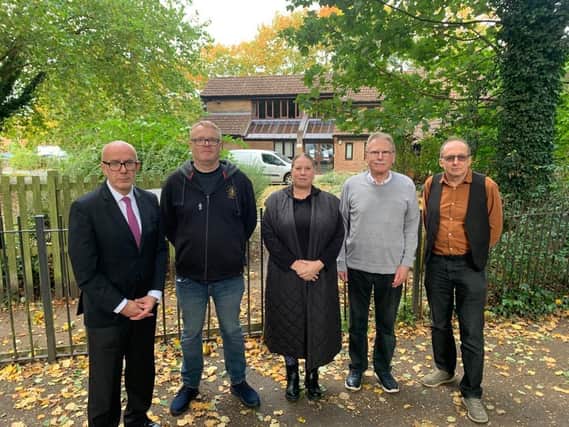 Matt Western MP stands with Packmores Community Centre secretary Amanda Burford   Warwickshire county councillor John Holland  and Warwick district councillor Dave Skinner outside the former Priory Medical Centre site in Cape Road, Warwick, for which there is a plan to create a new community centre. Picture supplied.