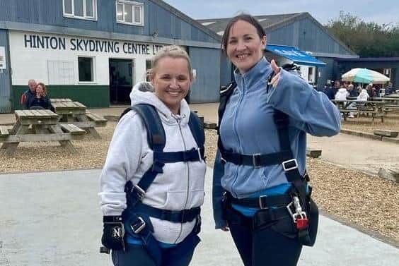 Left to right: Ann-Marie Baker, senior customer relations manager at Leycester and Jubilee House and Tracy Barton, senior general manager at Leycester House, took part in the Parkinson’s UK’s Skydive September last Saturday (September 16). Photo supplied