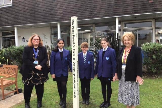 The Peace Pole installed at Campion School in Leamington. Photo supplied