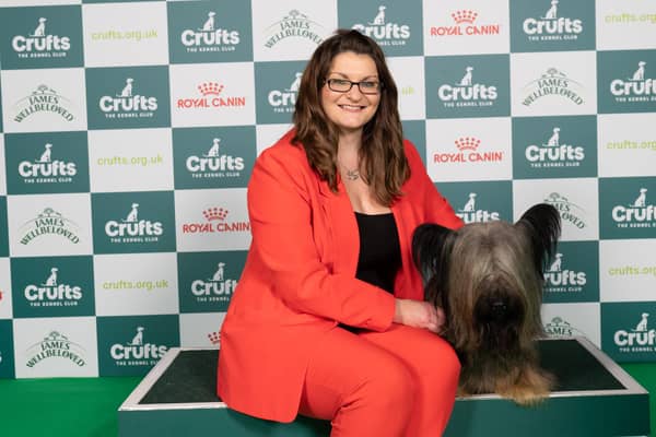 Kirsty Ryan from Lutterworth with Fergil, a Skye Terrier, which was the Best of Breed winner today (Sunday 10.03.24), the fourth and final day of Crufts 2024. Picture: BeatMedia/The Kennel Club