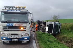Traffic delays are continuing in south Warwickshire after a lorry fell into a ditch