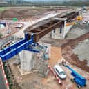 Halfway through moving the 84 metre steel deck into place. Image courtesy of HS2 Ltd.