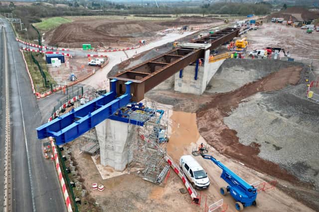 Halfway through moving the 84 metre steel deck into place. Image courtesy of HS2 Ltd.