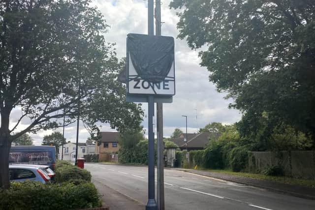 One of the covered up 20mph speed signs in and around Gainsborough Drive in Sydenham. Picture supplied.