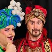 Widow Twankey played by Steve Bradnam, Abanazar played by Ashley Hirons and Aladdin played by Gemma Tilleys. Picture: Rob Warner.