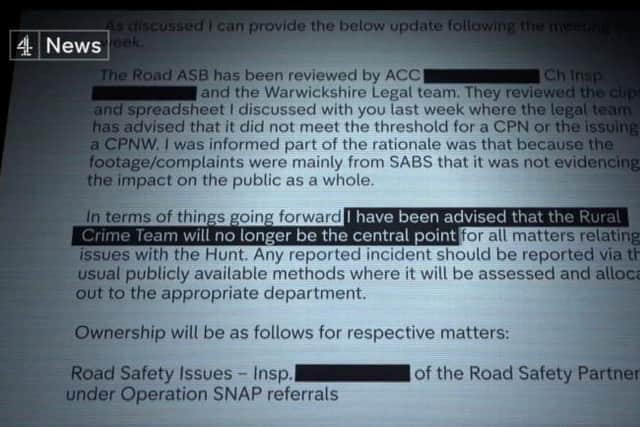 A leaked email showing that the Warwickshire Rural Crime Team had been taken off policing the hunt