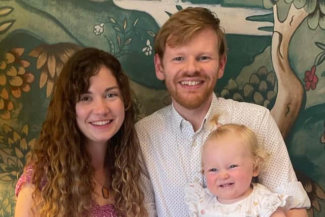 Seb with his wife Fran and their 21-month-old daughter Maisy. Picture supplied.