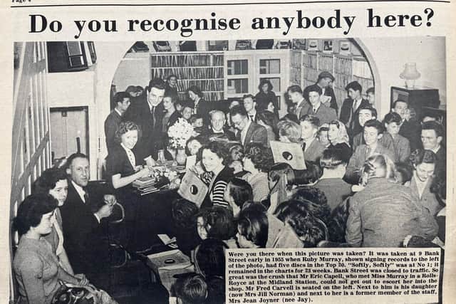 A previous era at 9 Bank Street when it housed the Carvells record department and in 1955 the crowds were out in force for the visit of chart-topper Ruby Murray. The photo was featured in the golden jubilee supplement in the Advertiser.