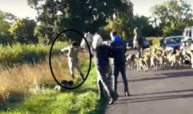 A huntsman was caught on camera snatching car keys off protesters near Napton and throwing them into a field during a heated, foul-mouthed clash.
