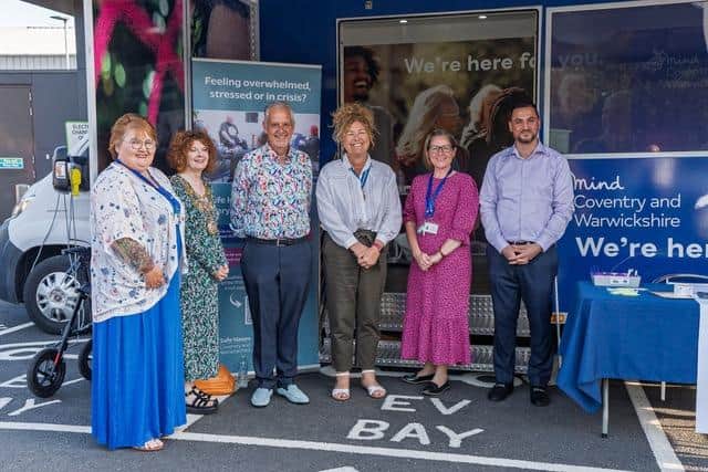Left to right shows: Dee Hodgson (CWW Mind outreach officer), Councillor Jacqui D'Arcy (the Mayor of Warwick), Steven Hill, (CEO of CWW Mind), Karen Lynch MBE (High Sheriff of Warwickshire) and Sam Starling (CWW Mind service manager). Photo by People Arches Ltd.