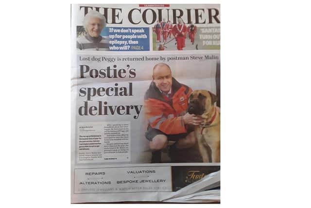 Steve Malin made front page news for the Leamington Courier newspaper when he found bullmastiff Peggy who had gone missing from her home. Picture supplied.