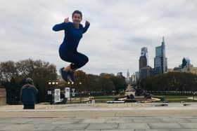 Running up the 'Rocky' movie steps in Philadelphia while travelling in 2019. Photo supplied