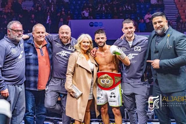 Left to right: Mick Carney, Pip Quartermaine, Edwin Cleary, Sue Panter (girlfriend), Danny Quartermaine, Tom Kelly and Izzy Asif (promoter) celebrate Danny's IBF European Super Featherweight title win at the Skydome in Coventry earlier this month. Picture supplied.