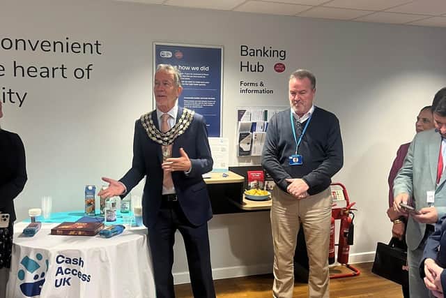 The Mayor of Kenilworth inside the new Banking Hub. Photo by Kenilworth Town Council