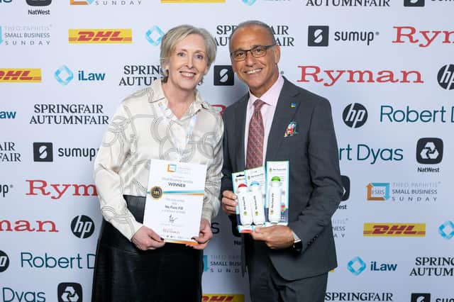 When TP met TP... Thurlaston entrepreneur Tracey Powiesnik receives her Small Business Sunday certificate from Theo Paphitis