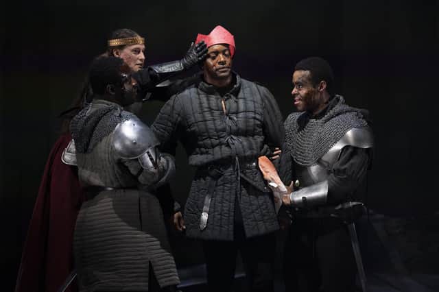 Daniel Ward, Minnie Gale, Oliver Alvin Wilson and Conor Glean as Buckingham, Margaret, York and Young Clifford in Wars of the Roses ©RSC/Ellie Kurttz