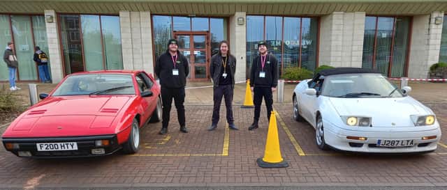 Joe Brown, Mike Wakeleigh-Jones and Archie Hewett outside Rugby College.