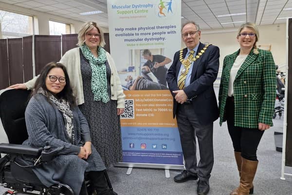 (L-R) MD Support Centre’s Ruth Hereford, Helen Hone and CEO Sarah Ann Moore with Cllr Boad
