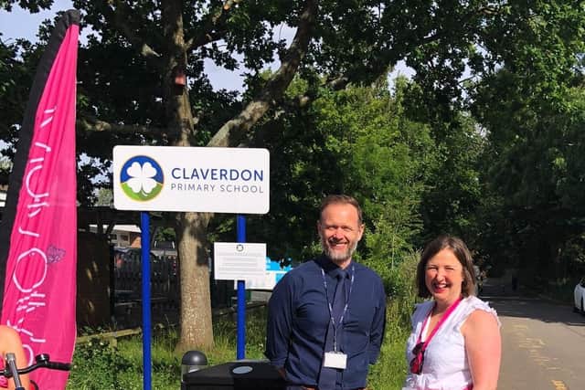 Claverdon Primary School headteacher Daniel Powell with Rachel Ollerenshaw before the cyclists set off. Photo supplied