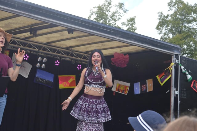 One of the acts on stage at Warwickshire Pride in Leamington. Photo by Leanne Taylor