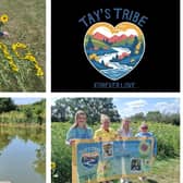 Top left shows the total raised. Bottom left shows: Laura Kurtul and Taylan at Lodge Farm Sunflowers in 2022 and bottom right shows left to right: Jilly Wright, Emma Wright, Laura Kurtul and Lottie Campion. Photos supplied