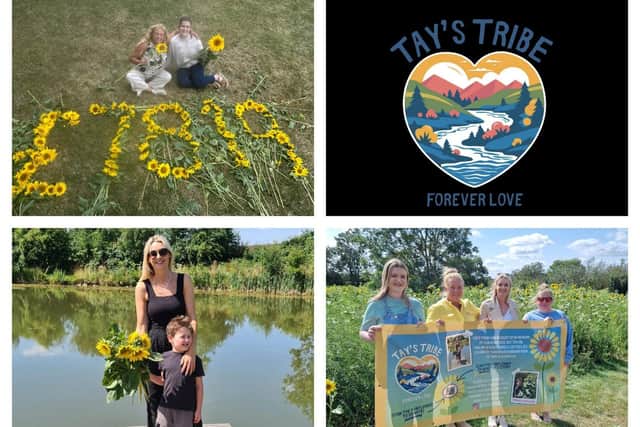 Top left shows the total raised. Bottom left shows: Laura Kurtul and Taylan at Lodge Farm Sunflowers in 2022 and bottom right shows left to right: Jilly Wright, Emma Wright, Laura Kurtul and Lottie Campion. Photos supplied