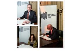 Colckwise from top left: MPs Sir Jeremy Wright, Matt Western and Manuela Perteghella sign the Holocaust Education Trust’s Book of Commitment on Holocaust Memorial Day (Monday January 27 2025). Photos supplied.