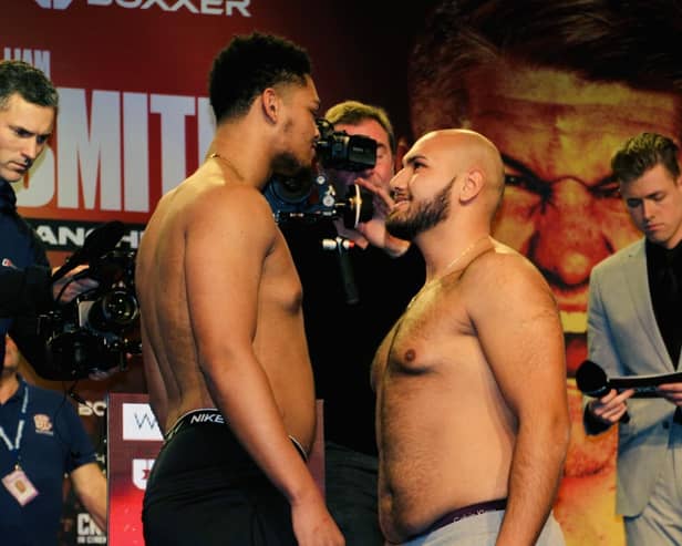 'Magic' Matty Harris at the weigh-in with his opponent Jiri Surmaj who he later beat by first-round knockout in his fourth bout of his professional career on the undercard of the Chris Eubank Jnr v Liam Smith fight the Manchester Arena on January 21. Photo courtesy of Reece Singh PR.