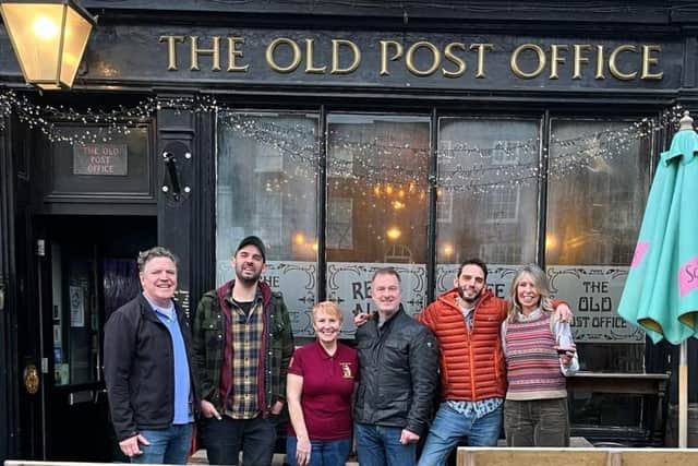 Photo shows Chris Proudfoot, The Fourpenny Shop Hotel, Tom Buxton, The Cape of Good Hope; Sally-Jane Downes, Heart of Warwickshire CAMRA; Tim Maccabee, The Eagle and Old Post Office; Alex Ridgway, The Wild Boar (and Slaughterhouse Brewery) and Rachel Silverthorne, The Eagle and Old Post Office outside the Old Post Officein Warwick. Photo supplied