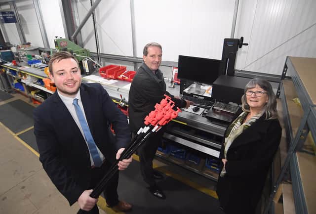 From the left, Adam Plumb (CWLEP Growth Hub), Pete Smith (Orscheln Europe) and Cllr Carolyn Robbins (Rugby Borough Council)