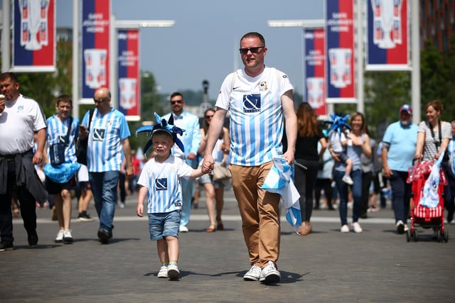 Fans arrive outside the stadium prior to the Sky Bet League Two Play Off Final between Coventry City and Exeter City at Wembley Stadium on May 28, 2018.