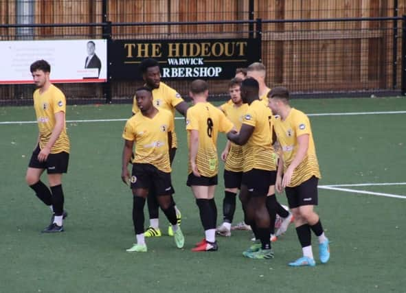 Racing Warwick celebrate an early goal versus Daventry